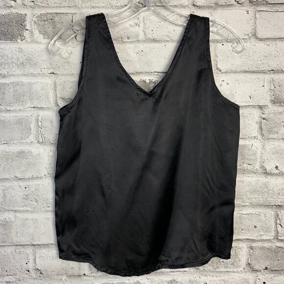 Vintage 90s Cami Top Small Black Liquid Satin Silky V Neck Camisole Tank Blouse - Picture 3 of 8